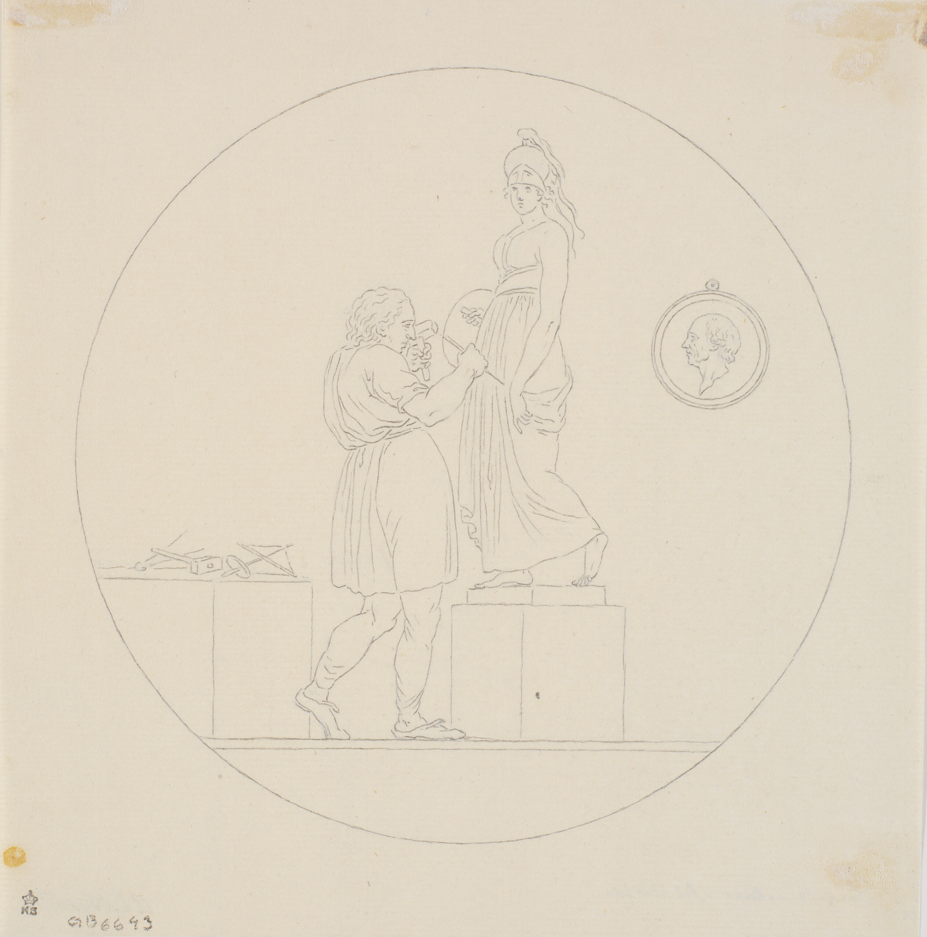 Sergel arbejder i sit atelier med at hugge en statue af Minerva